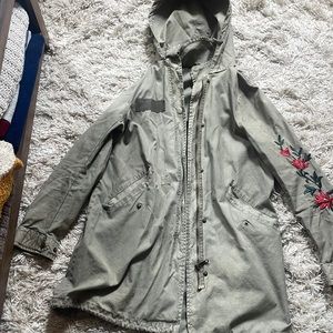 Green Army/Utility Jacket, with red flower embroidery on the arm (size 38)